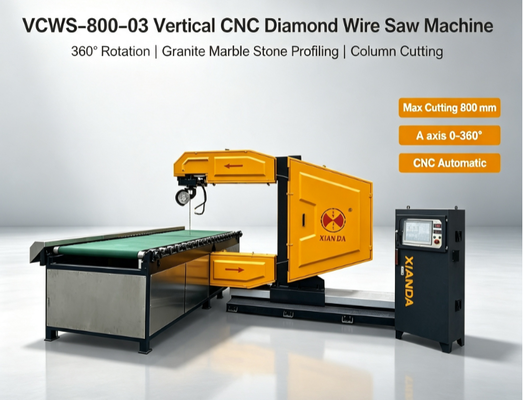 Machine de découpe de fil diamanté CNC verticale avec rotation à 360° pour la découpe de courbes de granit et de marbre | Puissance moteur de 7,5-15 kW et charge de banc de travail de 3+3 tonnes